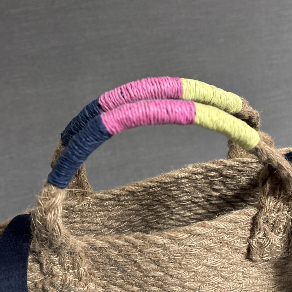 GAP Tote Bag Natural Jute Double Navy Straps Handle Beach Boho Summer Nautical - Picture 3 of 16